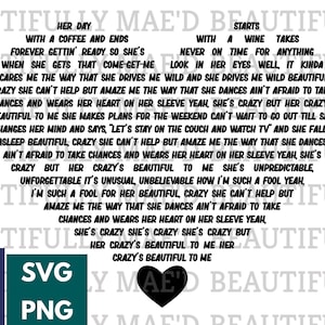 Beautiful Crazy Lyric Heart SVG PNG Song Digital Download