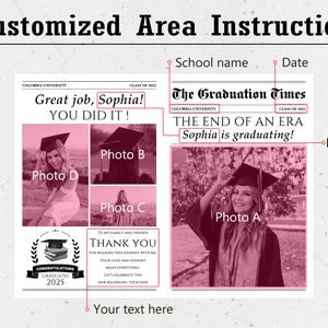 May include: A graduation announcement with a pink and white design. The text reads "Great job, Sophia! You did it!" and "The end of an era, Sophia is graduating!" Includes photos of a graduate in a cap and gown.