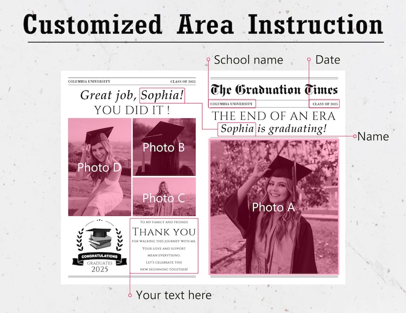 May include: A graduation announcement with a pink and white design. The text reads "Great job, Sophia! You did it!" and "The end of an era, Sophia is graduating!" Includes photos of a graduate in a cap and gown.