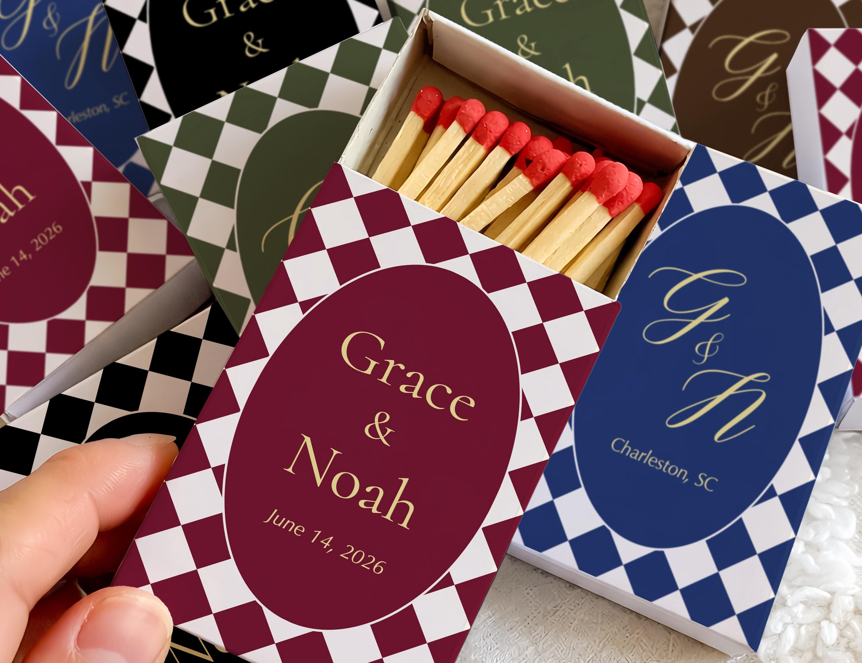 Custom Wedding Matchboxes | Personalized Preppy Checkerboard Emerald ...