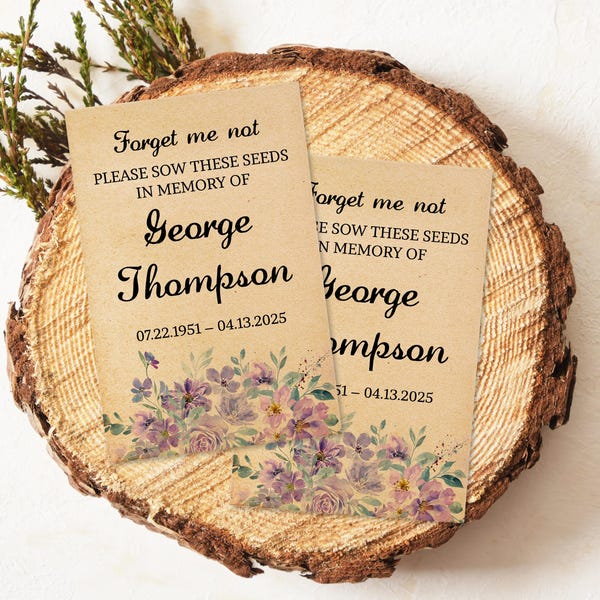 Personalized Forget Me Not Seed Packet, Funeral Memorial Favor, Custom Funeral Gift, Celebration of Life, Bulk Favors for Funeral Service