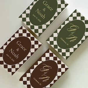 Custom Wedding Matchboxes | Personalized Preppy Checkerboard Emerald Green Matches | Bridal Shower Engagement Party Favors Bulk Guest Gifts