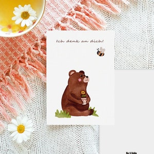 Postkarte Ich denk an dich | Bär | Biene | Grußkarte | retro | Recyclingpapier