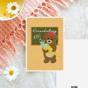 Postkarte Einschulung | Party | Bär | retro | Schule | Recyclingpapier