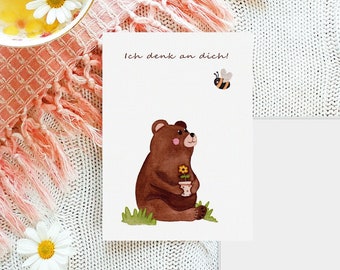 Postkarte Ich denk an dich | Bär | Biene | Grußkarte | retro | Recyclingpapier