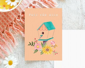 Postkarte "Post für dich" | Vogelhaus | Grußkarte | Blumen | retro | Recyclingpapier