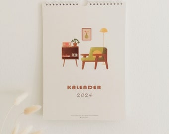 Kalender 2024 mit Illustrationen A4 | Wandkalender | drei Spalten | Retro | mit Feiertagen