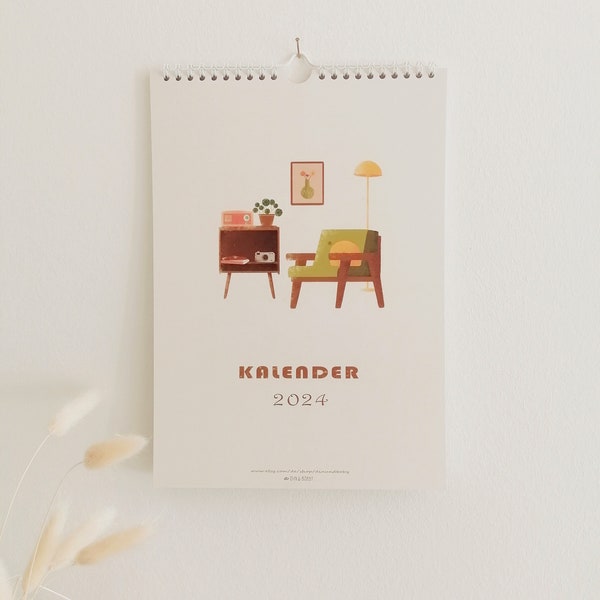 Kalender 2024 mit Illustrationen A4 | Wandkalender | drei Spalten | Retro | mit Feiertagen