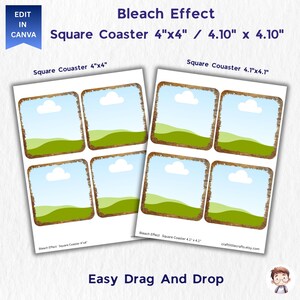 May include: Two sheets of square coasters, each with six individual coaster designs. The coasters feature a sky blue background with a white cloud, green hills, and a brown border. The text "Bleach Effect" and "Square Coaster 10.16cm x 10.16cm / 10.41cm x 10.41cm" is visible.