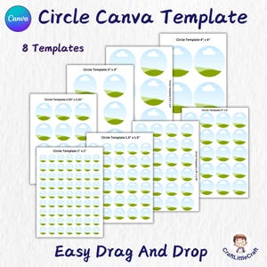 May include: Eight Canva circle templates with a blue sky, white clouds, and green grass design. The templates are available in eight different sizes, ranging from 1 inch to 4 inches in diameter. The text "Easy Drag And Drop" is at the bottom of the image.