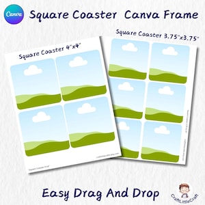 May include: Printable square coaster templates in two sizes: 4x4 inches and 3.75x3.75 inches. The design features a simple landscape with green hills and a white cloud against a blue sky. The text "Easy Drag And Drop" is at the bottom of the image.