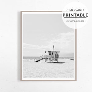 Lifeguard Tower, Summer Print, Black and White, Beach Photography, Printable Poster, Coastal Decor, Lifeguard Hut, BW Poster Beach, Digital