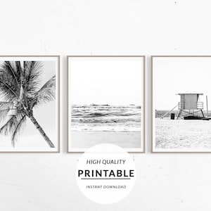 3 Pieces Wall Print, Set of 3 Prints, Beach Print Set, Surf Print Set, Palm Tree Set, Wall Art Gallery, Black And White, Black White Set Art