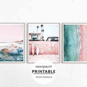 Set of 3 Prints, Set Surf Beach Print, Boho Beach Set, Bundle Print Beach, Gallery Wall Art, Pink Pastel Print, Girl Room Decor, Printable