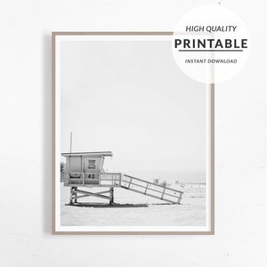 Lifeguard Tower, Summer Print, Black and White, Beach Photography, Printable Poster, Coastal Decor, Lifeguard Hut, BW Poster Beach, Digital