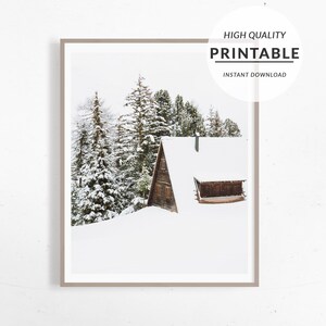 Log Cabin Print Snowy Winter Print Christmas Poster  Rustic Print  Winter Theme  Snow  Forest  Winter Landscape Art Scandinavian Print