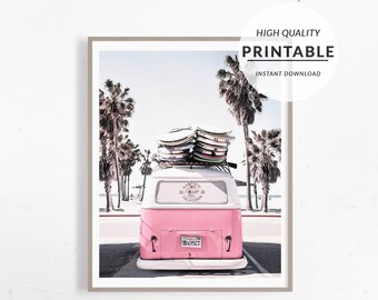 Pink Surf Van Print, Surf Van Poster, Pastel Beach Print, Pink Pastel Print, Pink Coastal  Print, Beach Wall Art, Girly Print, Printable