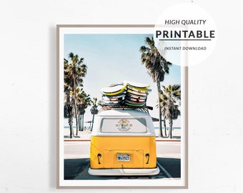 Retro Van Print Art, Yellow Surf Van, Camper Surf Van, Coastal Wall Art, Beach Art Print, Beach Wall Art, California Poster, Pastel Wall Art