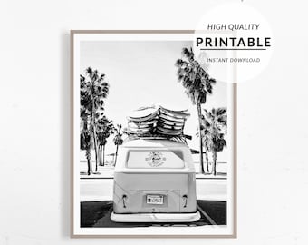 Camper Van Print, Surf Van Print, Surf Van Poster, Black White Print, Black White Coastal, Surfing, Coastal Wall Art, Printable Wall Art,