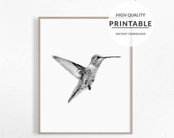 Hummingbird Print, Hummingbird Poster, Black And White, BW Print, Bird Print, Animal Poster, Printable Animal, Digital Download, Wall Art
