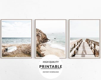 Beach Set of Prints, 3 Pieces Set Print, Coast Wall Prints, Coastal Set Print, Beach Prints, Boho Beach Print, Wall Art Gallery, Digital Set