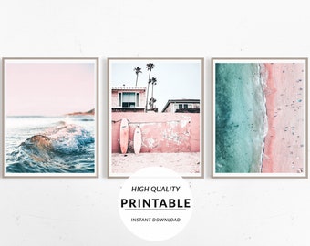 Set of 3 Prints, Set Surf Beach Print, Boho Beach Set, Bundle Print Beach, Gallery Wall Art, Pink Pastel Print, Girl Room Decor, Printable