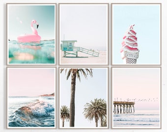 Coastal Set Art Beach Set of 6 Prints Beach Wall Set 6 Piece Set Print Pink Pastel Print Set Beach Decor Set Summer Prints Digital