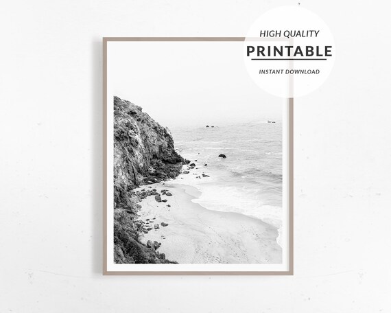 Poster Noir et Blanc, Affiche Noir et Blanc, Poster Plage Falaise, Affiche Littoral Plage, Déco Plage Mer, Affiche Chambre, Poster Bureau
