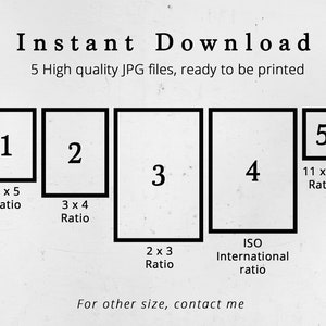 May include: Five digital printable images of different aspect ratios, including 4x5, 3x4, 2x3, and ISO international ratio. The images are numbered 1 through 5.