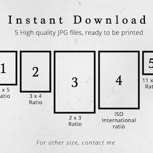 May include: An image with the text "Instant Download" and "5 High quality JPG files, ready to be printed." Five framed rectangles are labeled with numbers and aspect ratios, including 4x5, 3x4, 2x3, ISO International ratio, and 11x14.