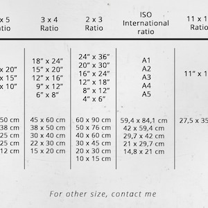 May include: A chart showing different paper sizes in inches and centimeters. The chart includes standard paper sizes like 4x5, 3x4, 2x3, and ISO international sizes. The chart also includes the corresponding measurements in inches and centimeters.