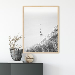 May include: Monochrome framed print featuring a lighthouse with black and white stripes, set on a small island. The print is in a light wood frame. A decorative plant and a wooden art piece are on a dark grey cabinet.