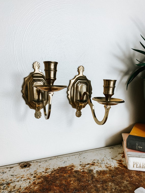 Pair of Vintage Brass Candlestick Wall Sconces Etsy