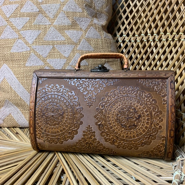 Wooden Handle Square PU Leather Handbag