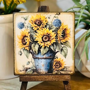 Sunflower Art Decor, Wood Art, Mini wood sign shelf decor, Mini Art,  Summer Tiered Tray Decor, Shelf sitter, Mini Easel Art, Rustic