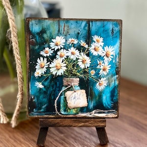 Daisy mini art, Flower art decor, Tier tray shelf sitter, Mini easel sign, Mini daisy art on easel,