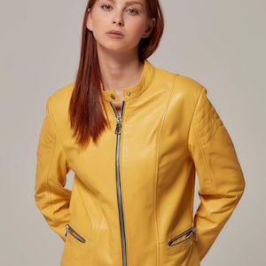 Yellow Classic Biker Jacket - Sports-Inspired Quilted Leather