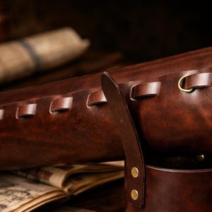 May include: A close-up of a brown leather quiver with brass accents. The quiver has a cylindrical shape with a strap and is decorated with stitched details and brass rivets. A rolled-up parchment is visible in the background.