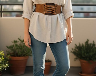 Wide Brown Full-Grain Leather Corset Belt, Women's Vintage Dress Belt