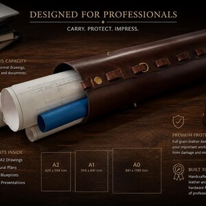 May include: A brown leather document case containing rolled blueprints and architectural plans. The case is designed for professionals and has a spacious capacity. Text reads "Designed for Professionals. Carry. Protect. Impress."