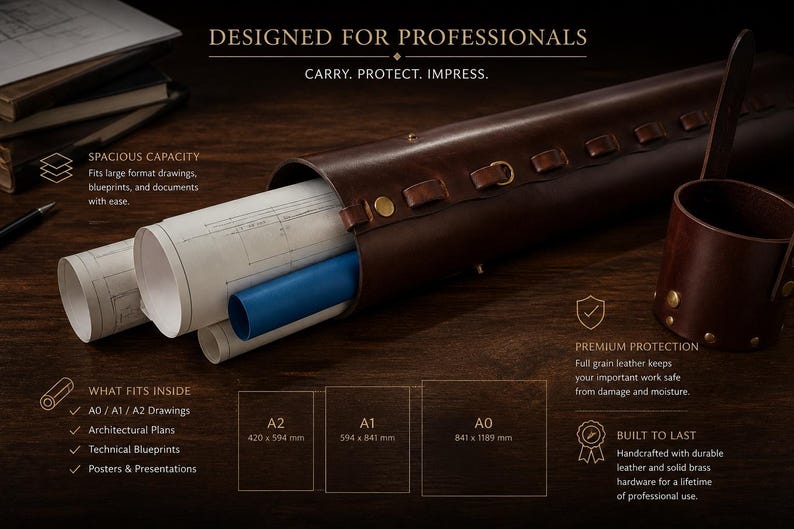 May include: A brown leather document case containing rolled blueprints and architectural plans. The case is designed for professionals and has a spacious capacity. Text reads "Designed for Professionals. Carry. Protect. Impress."
