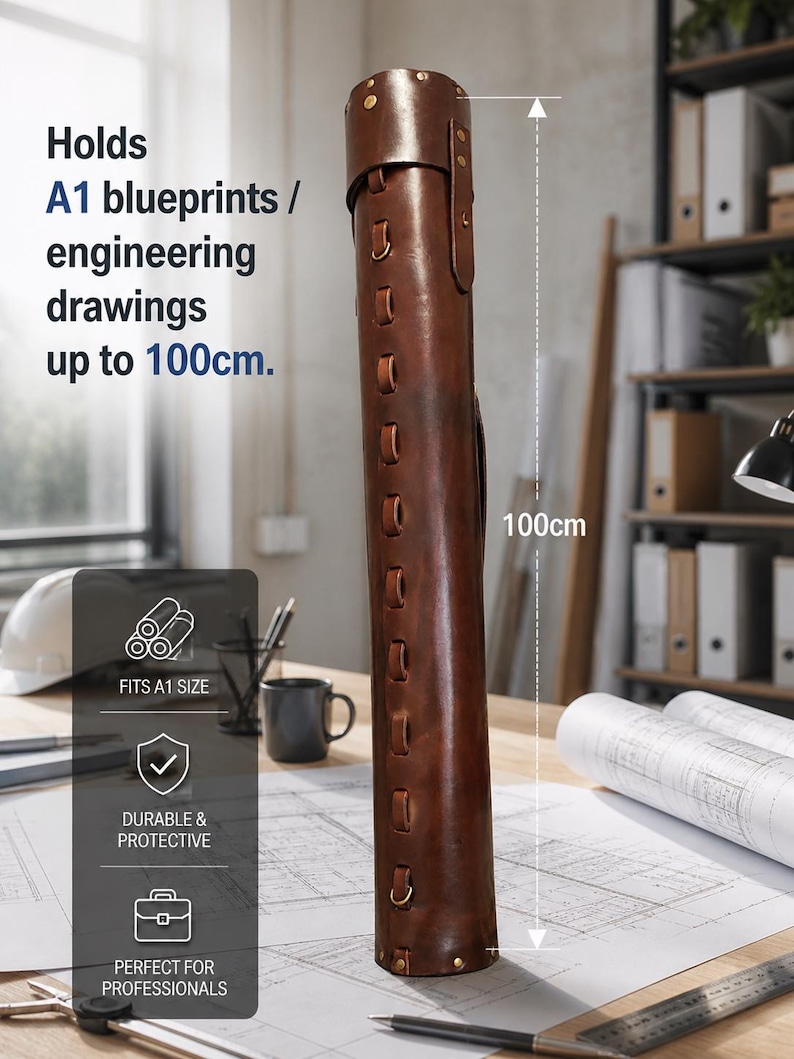May include: A brown leather blueprint tube, approximately 100cm tall, designed to hold A1 size drawings. The tube features decorative stitching and metal accents. Text on the image reads: "Holds A1 blueprints / engineering drawings up to 100cm."