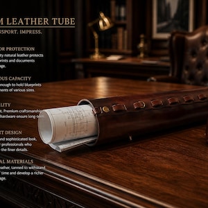 May include: A brown leather tube, designed for blueprints, with a rolled-up document inside. The tube has a matching leather handle. The text "PREMIUM LEATHER TUBE" is at the top, with the words "PROTECT. TRANSPORT. IMPRESS."