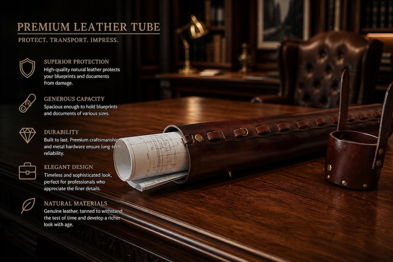 May include: A brown leather tube, designed for blueprints, with a rolled-up document inside. The tube has a matching leather handle. The text "PREMIUM LEATHER TUBE" is at the top, with the words "PROTECT. TRANSPORT. IMPRESS."