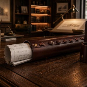 Può includere: Un progetto architettonico arrotolato emerge da un astuccio in pelle marrone su una scrivania di legno. È presente anche un portapenne in pelle abbinato con un manico. La scena è ambientata in uno studio classico con librerie e opere d'arte.