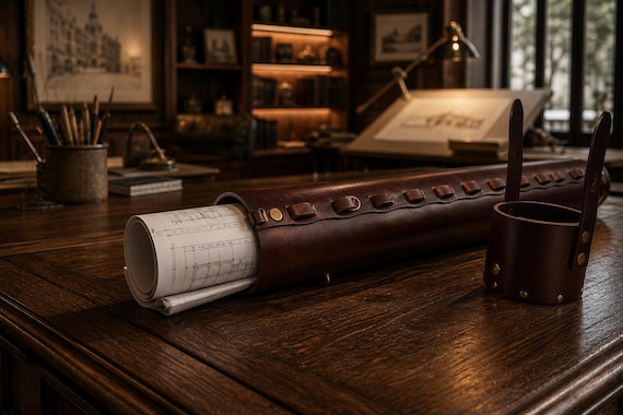 Architect Blueprint Tube, Leather Document Carrier, Professional Drawing Tube, Full Grain Portfolio Case for Designer