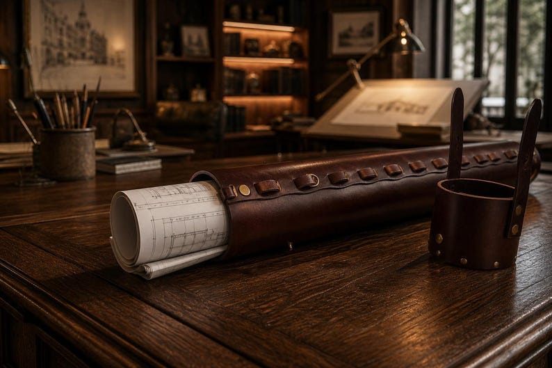 May include: A rolled architectural blueprint is partially visible from a brown leather case on a wooden desk. A matching leather pen holder with a handle is also present. The scene is set in a classic study with bookshelves and artwork.