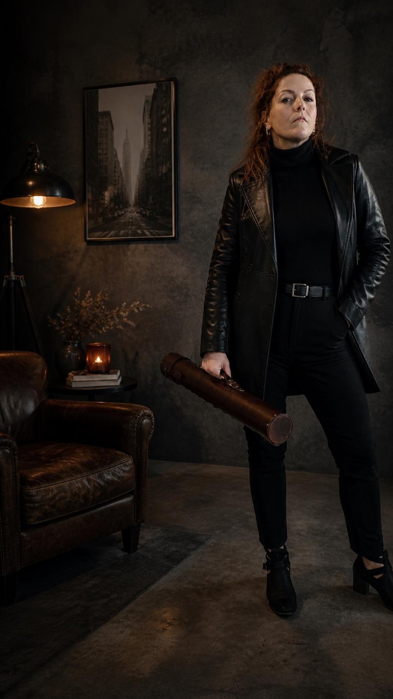 May include: A person in a black leather jacket, turtleneck, and trousers, holding a brown cylindrical case. The background includes a framed cityscape print, a leather armchair, and a lit lamp.