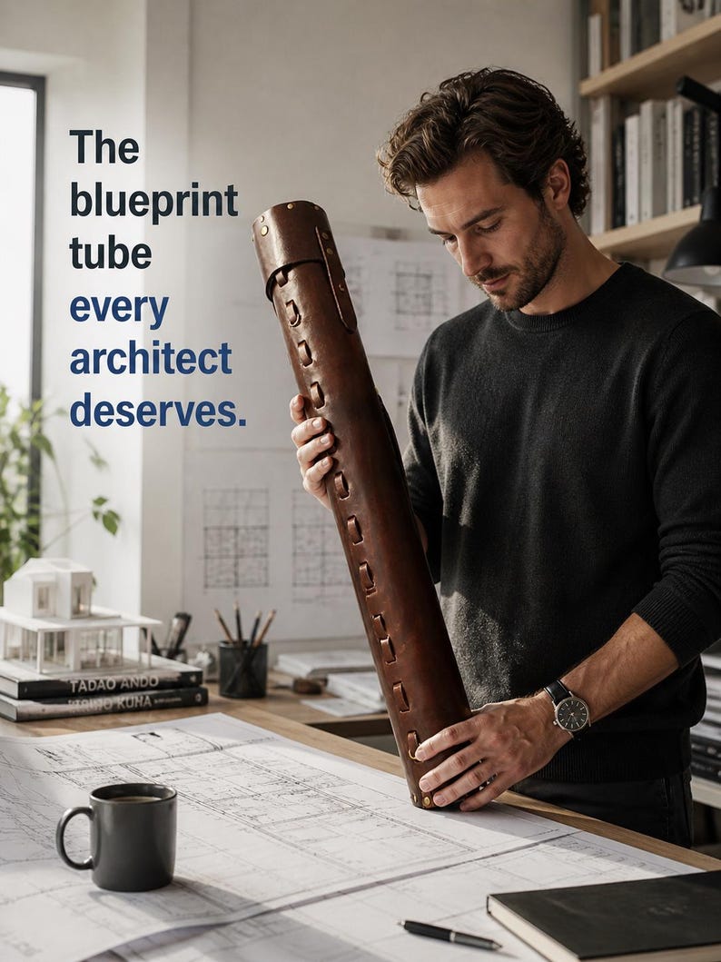 May include: A brown leather blueprint tube with brass rivets and stitching. The image includes the text: "The blueprint tube every architect deserves."