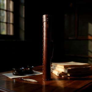 May include: A cylindrical brown leather case with metal rivets and a handle. It stands on a wooden table, next to a stack of papers, two small black cups, and a feather. The lighting suggests a vintage aesthetic. The case is approximately 40 cm tall.